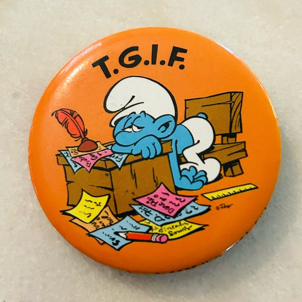 1980 T.G.I.F Pinback Button Vintage Smurf Button / Smurf Badge / Smurfs